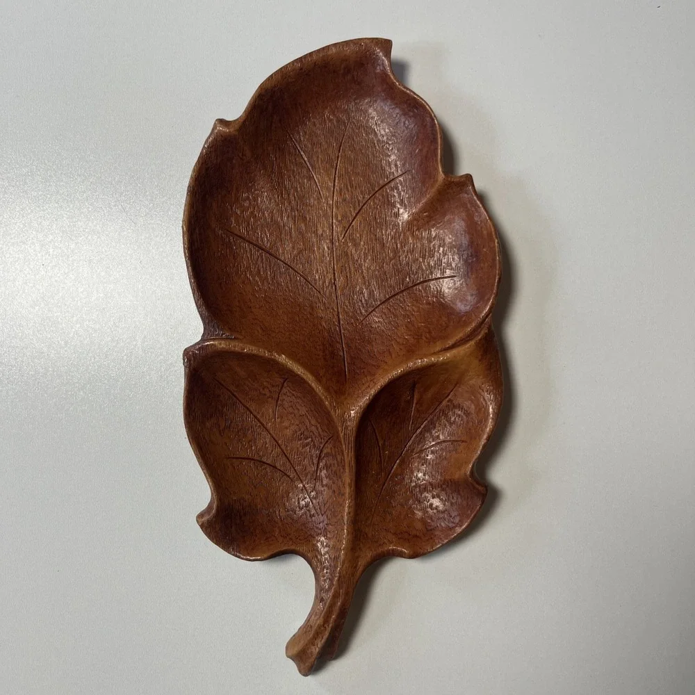 Vintage Multi Products Inc Faux Wood Leaf Tray Divided Dish Mid Century‎ Brown